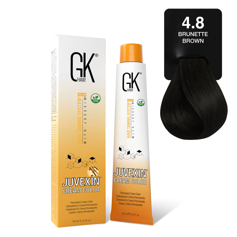 GK Hair's Juvexin 4.8 Brunette Brown Cream Color product set.