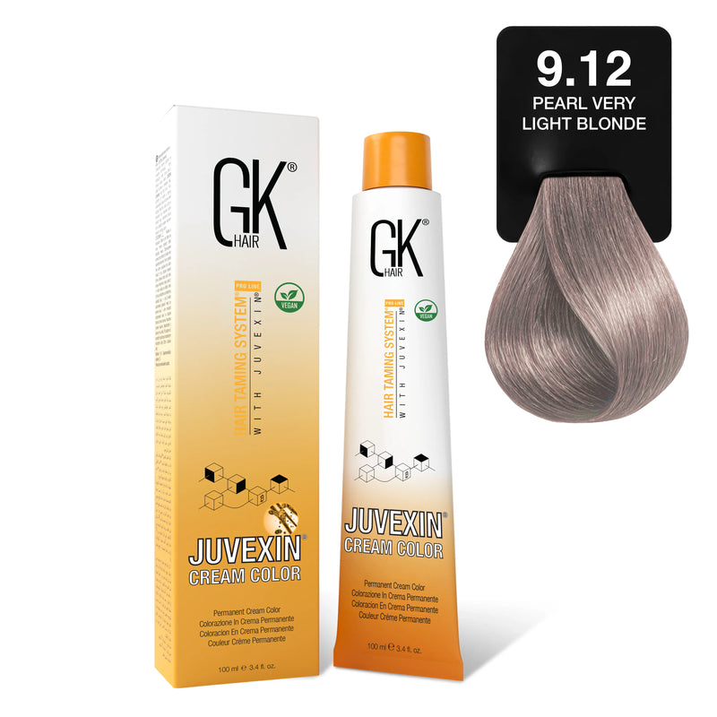 GK Hair's Juvexin 9.12 Pearl Very Light Blonde Cream Color product set.