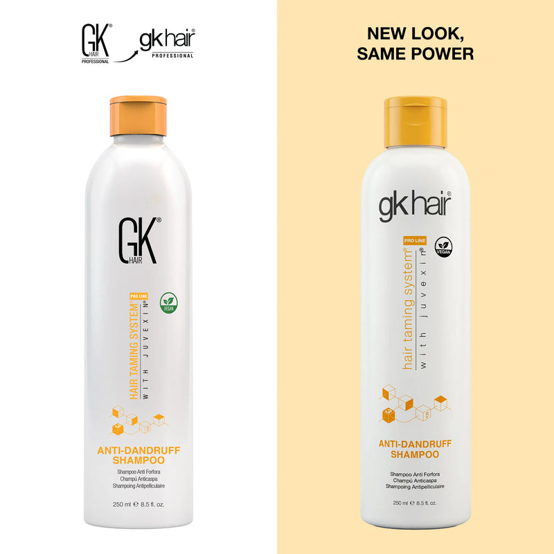 GK Hair Anti-Dandruff Shampoo 250 ml, old GK Hair logo bottle beside the new gkhair bottle, headline New Look, Same Power