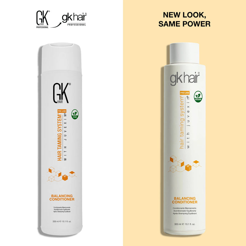 New Look, Same Power: GK Hair Balancing Conditioner 300 ml flip-cap bottle, old GK HAIR label left, new gkhair label right