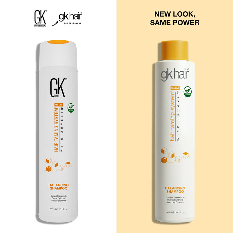 GK Hair Balancing Shampoo 300 ml white bottle with orange cap, old design left and new 'New Look, Same Power' bottle right