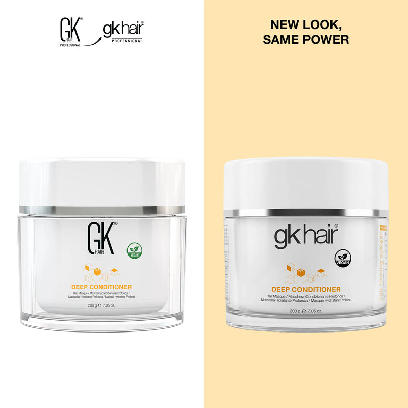 GK Hair Deep Conditioner 200 g jar, old branding left and new gk hair branding right, headed New look, same power