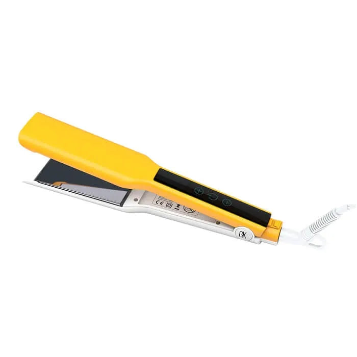 GK Hair Easy Control flat iron in yellow and white, wide plates open, black digital touch screen panel and coiled white cord