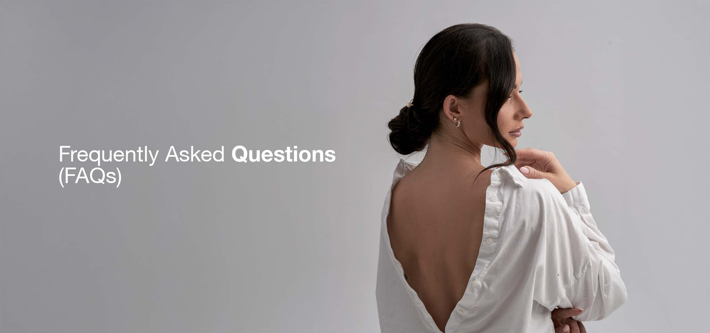 Wide 'Frequently Asked Questions (FAQs)' banner: woman seen from behind in a white off-shoulder top, hair in a low bun