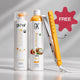 GK Hair hair tanning system set featuring a pump bottle of pH 5 shampoo, a bottle of Coco hair tanning cream, and a yellow flat iron, with a pink starburst graphic indicating a free gift.
