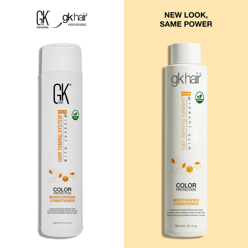 GK Hair Color Protection Moisturizing Conditioner 300 ml in old and new packaging side by side; text: New Look, Same Power