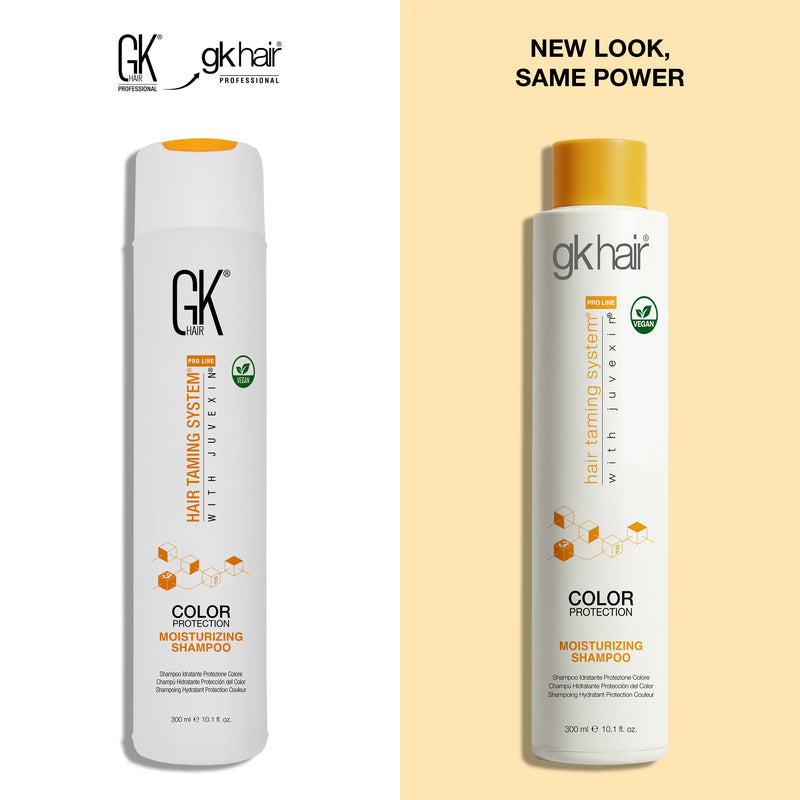 Two bottles of GK Hair Color Protection Moisturizing Shampoo on a beige background with brand logo and text.