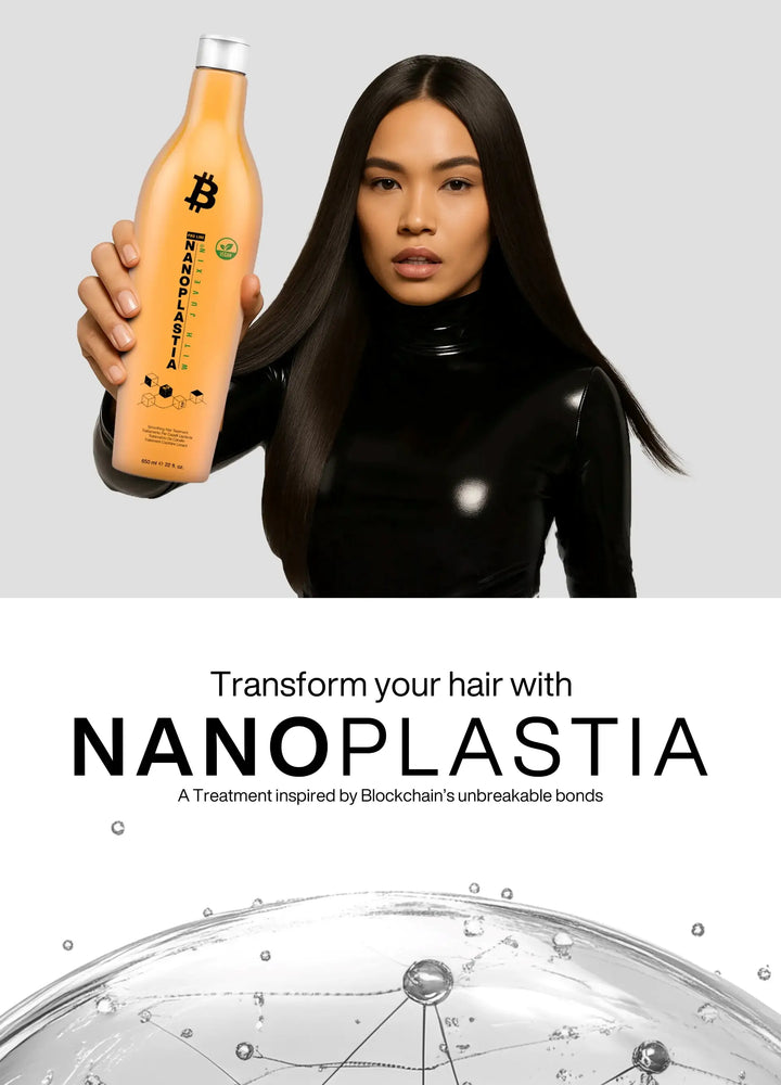Person holding a bottle of NanoPlastia hair treatment with a white background