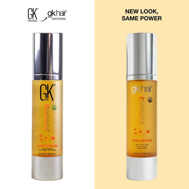 GK Hair Argan Oil Serum 50 ml gold bottle labeled Hair Serum, old GK Hair and new gkhair packaging under New Look, Same Power
