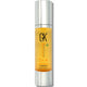 Hair serum bottle with silver cap and yellow label on a white background