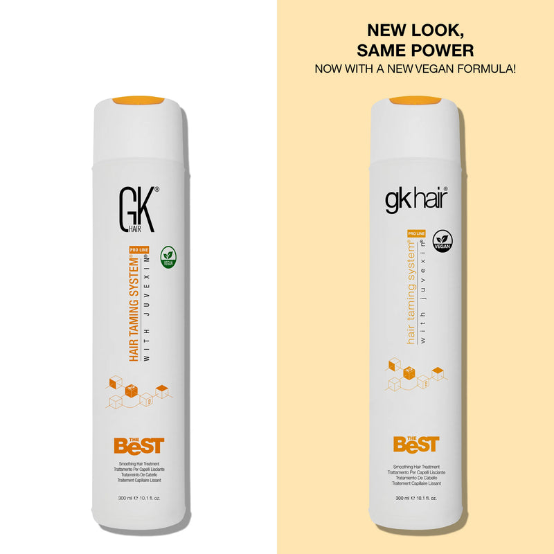 NEW LOOK, SAME POWER, NOW WITH A NEW VEGAN FORMULA: GK Hair The Best 300 ml old bottle beside the new gkhair bottle