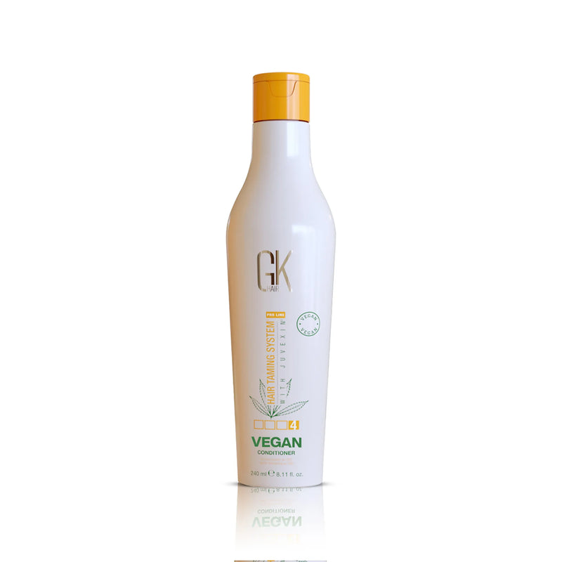 GK Hair Vegan Conditioner 240 ml white bottle with an orange flip cap, front view with reflection on white