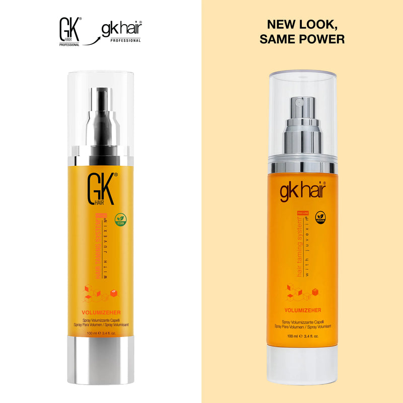 GK Hair VolumizeHer 100 ml spray: old pack at left, new gk hair pack at right, headline NEW LOOK, SAME POWER