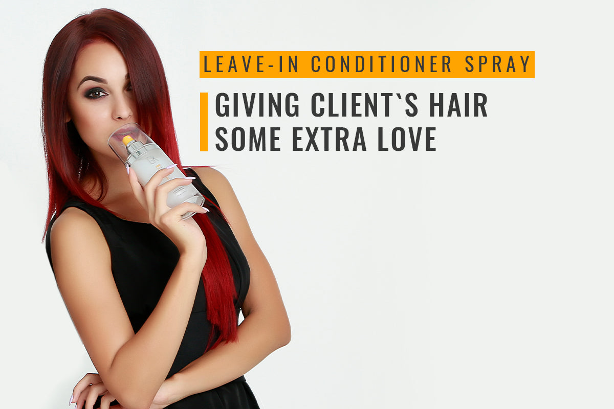 Stylist spraying leave-in conditioner through the mid-lengths and ends of long damp hair