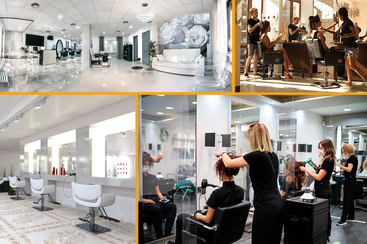 Client seated in a salon chair looking around the styling area while waiting