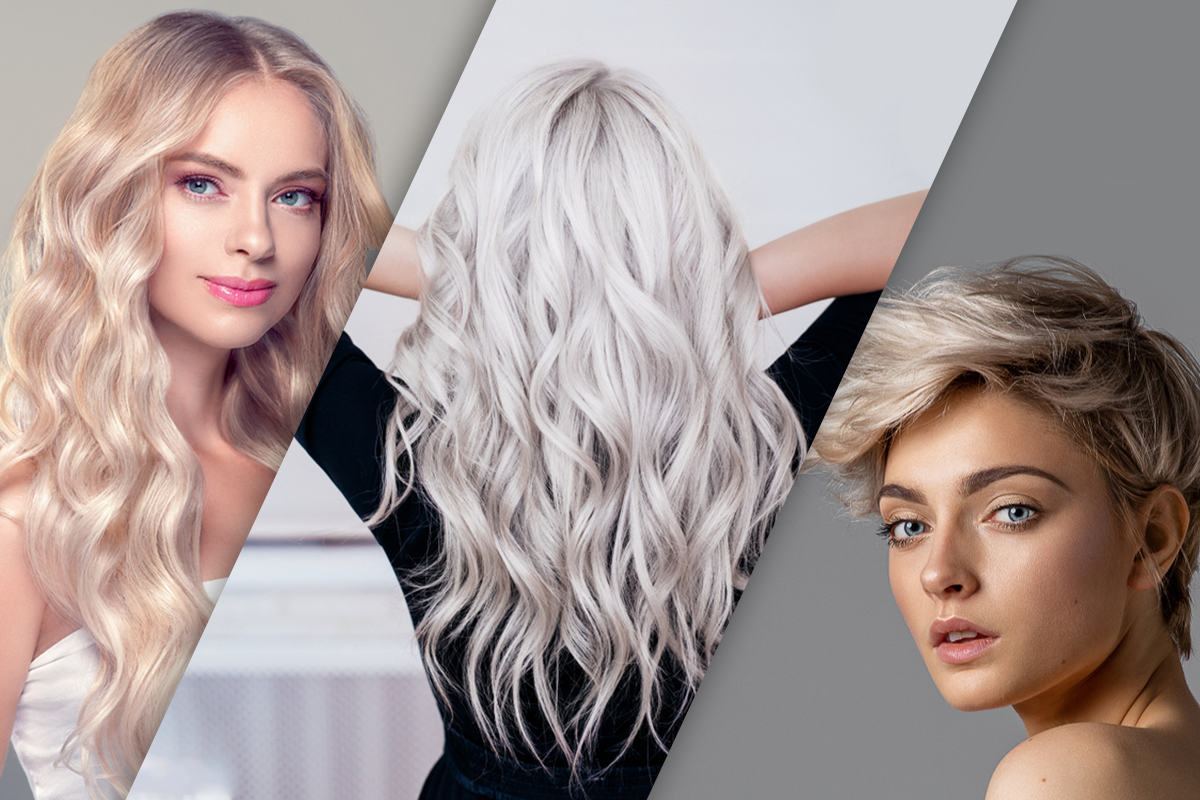Blonde woman modeling a layered, wavy hairstyle, one of ten blonde hair looks in this roundup