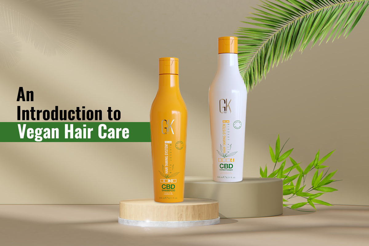 Bottles of vegan hair smoothing treatment arranged on a salon counter