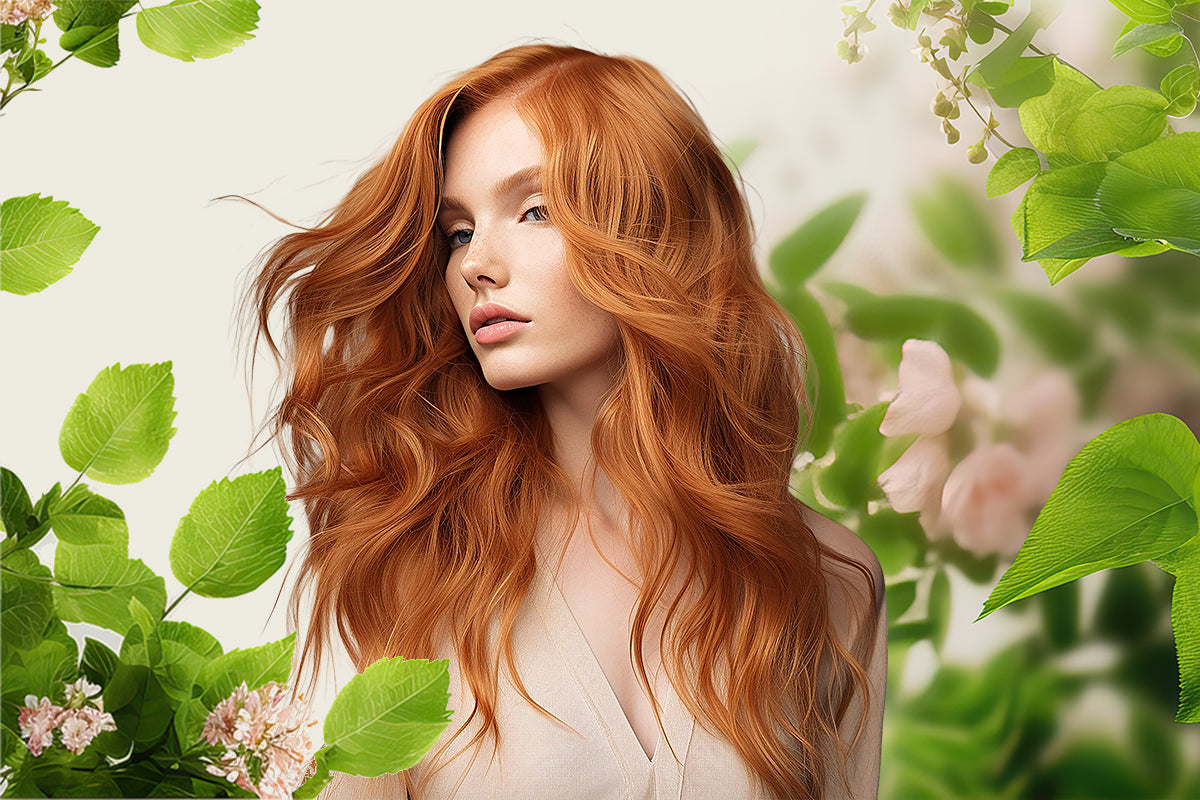 GK Hair bottles arranged among green leaves and plants for an Earth Day sustainability theme