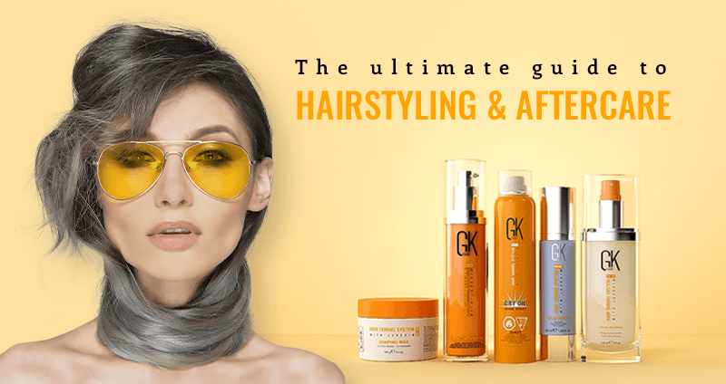 Woman styling smooth hair, illustrating styling and aftercare steps for healthy hair