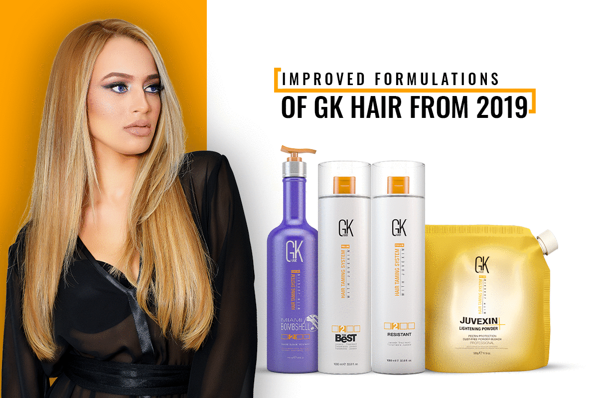 Blonde model in sheer black beside purple, white and yellow GK Hair treatment and lightening products