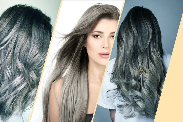 Three hairstyles featuring long, wavy hair in shades of gray and bluish tones, showcasing different textures and styles.