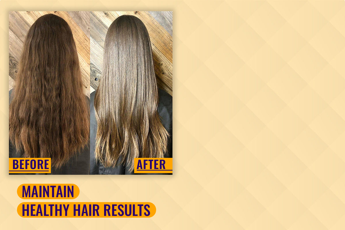 Bottle of sulfate-free shampoo beside a woman with long, smooth keratin treated hair