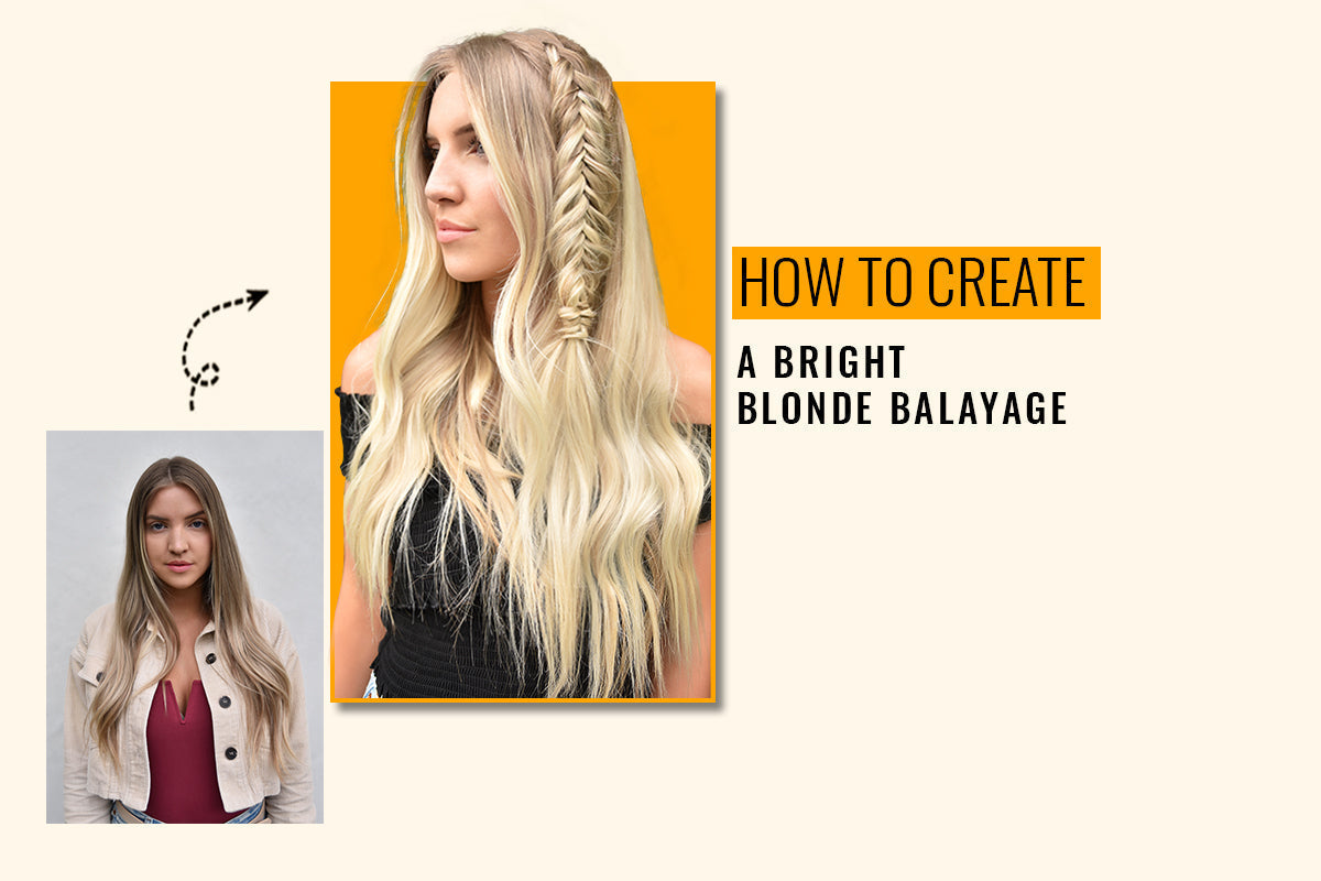 Before and after: long light brown hair lifted to a bright blonde balayage with a fishtail braid