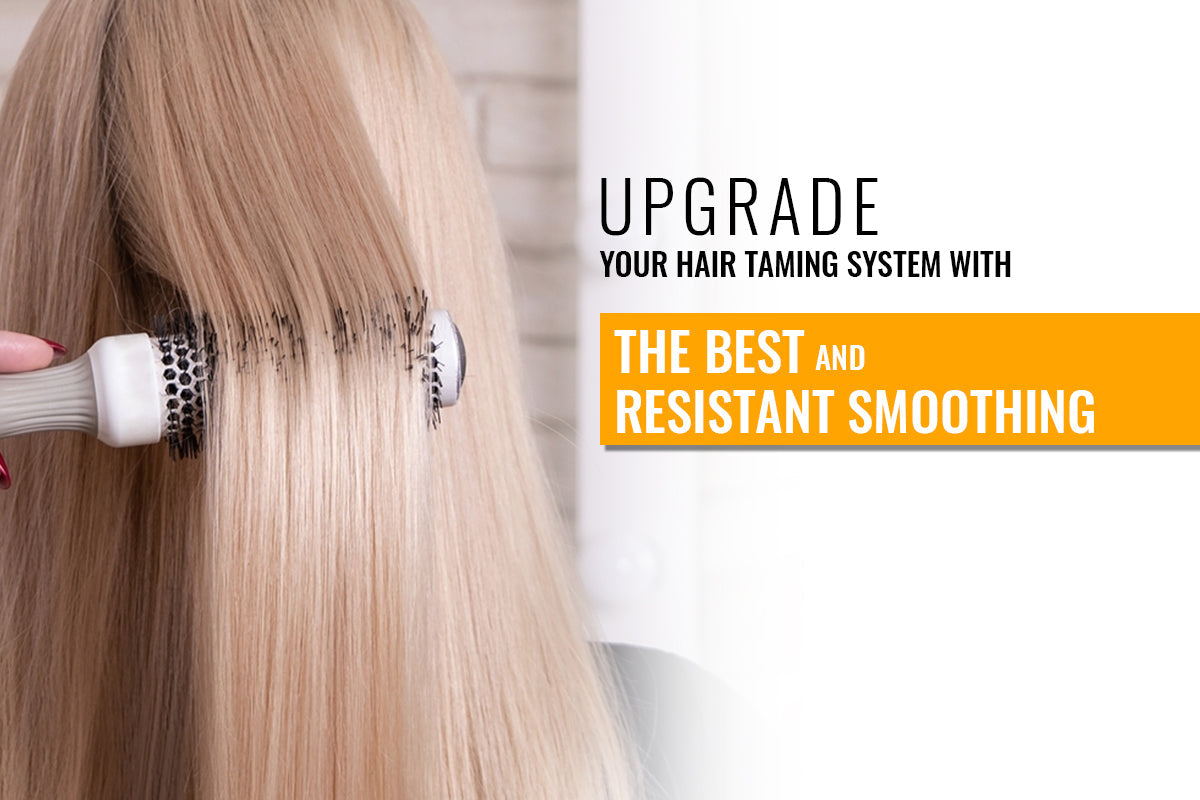 Woman with long, sleek straightened hair after a professional smoothing and hair taming treatment
