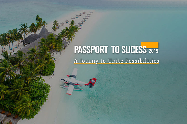 Aerial view of a red and white seaplane on turquoise water beside a palm-lined beach resort