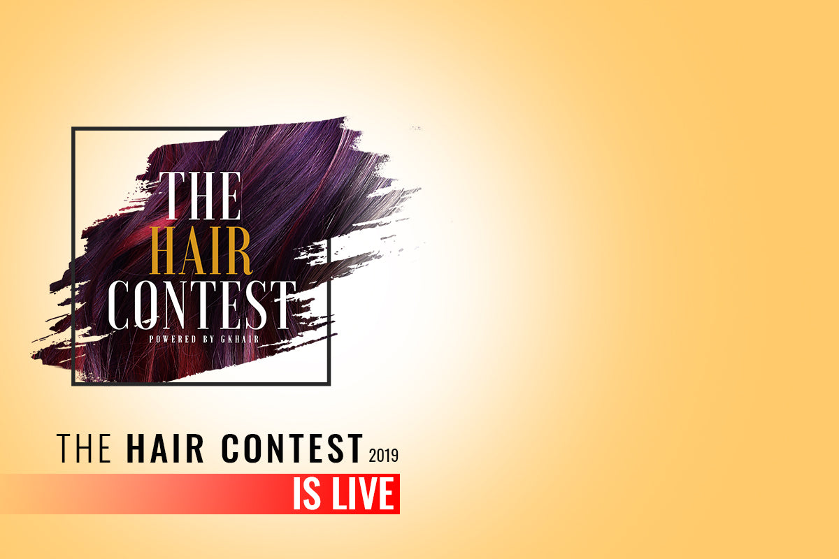 The Hair Contest 2019 promotional graphic with purple hair brushstroke logo and is live banner