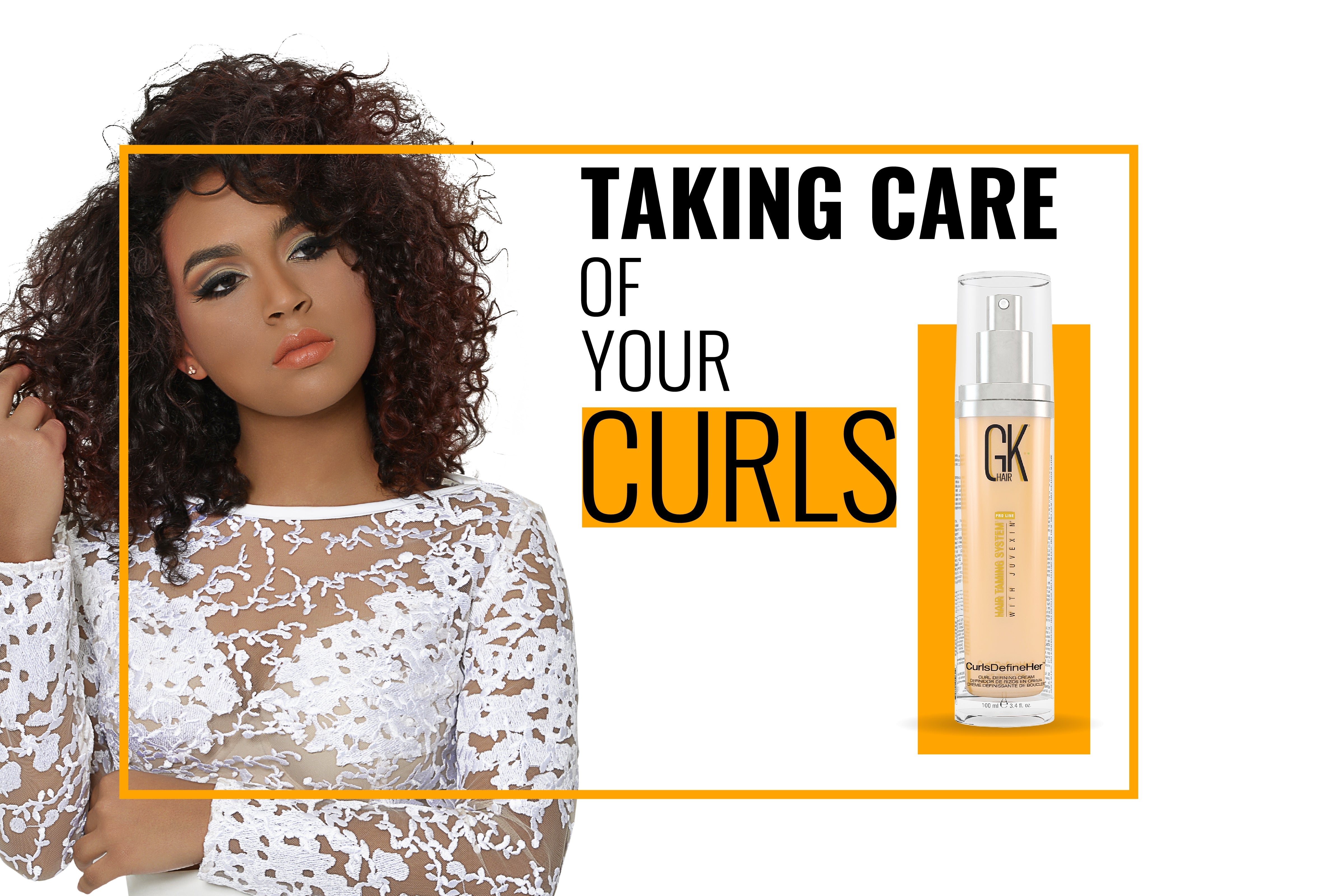 Graphic on curly hair care shown beside a woman with defined natural curls