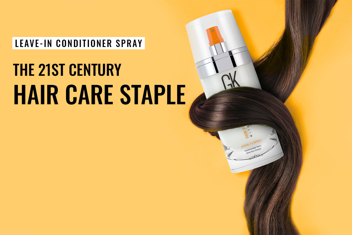 Leave-in conditioner spray bottle shown with text explaining how the product works