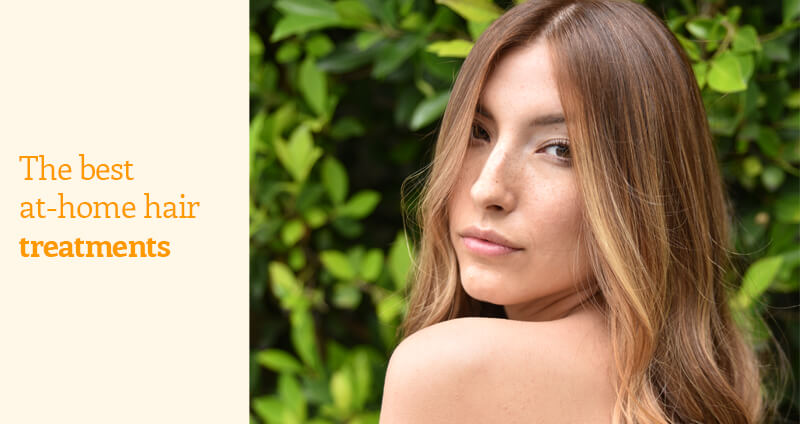 Blog banner for at-home hair treatments showing a woman with smooth, healthy hair