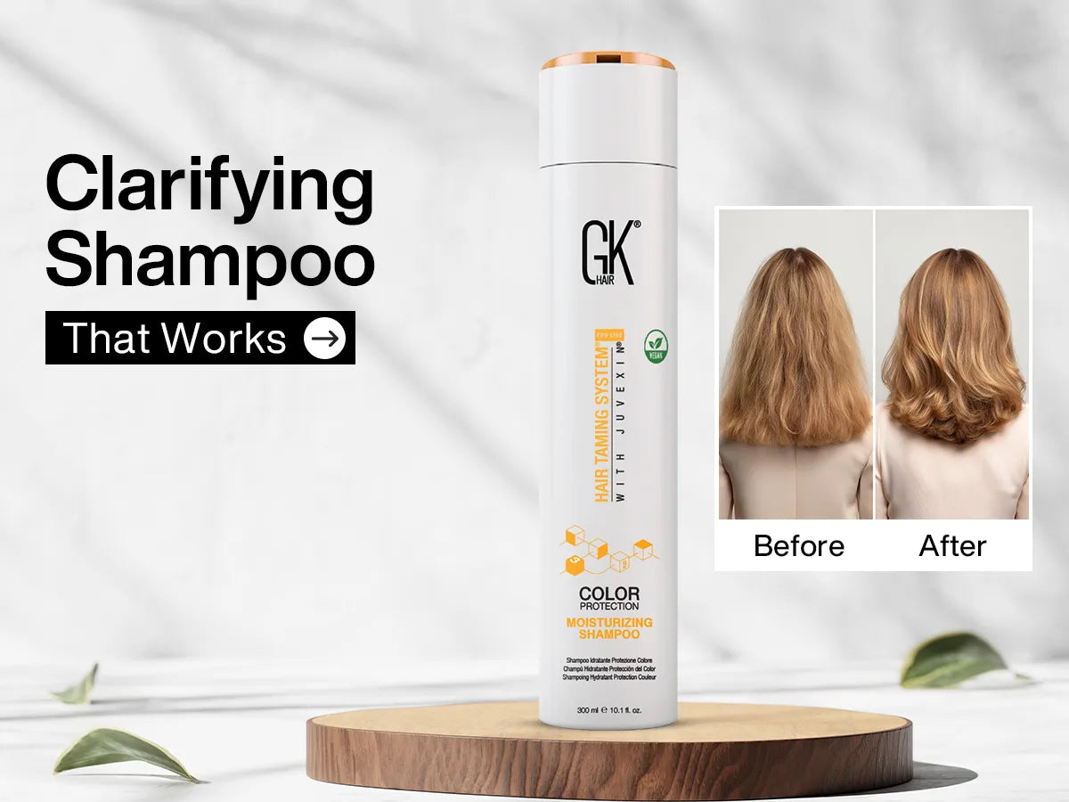 A bottle of GK Hair Clarifying Shampoo is centered on a wooden platform. Text reads "Clarifying Shampoo That Works." A before-and-after hair comparison is shown.