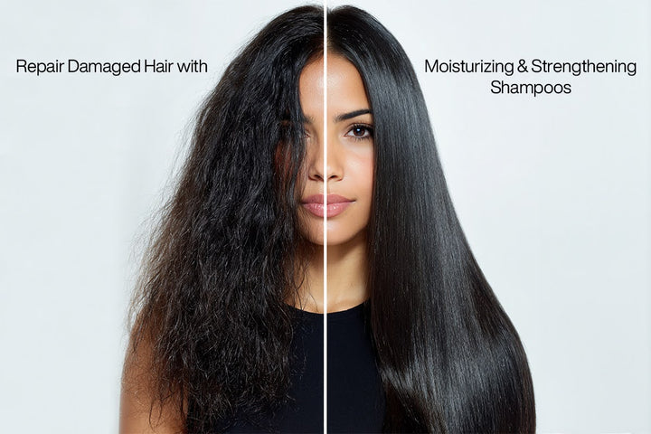 Before and after comparison of hair: left side shows frizzy, damaged hair, while the right side displays smooth, straightened hair.