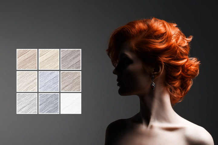 Profile of a person with vibrant red hair styled in soft curls, alongside a grid of nine textured color swatches.