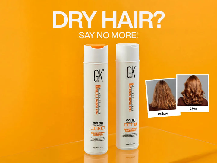 Moisturizing/Hydrating Shampoo and Conditioner on an orange background. Text reads "DRY HAIR? SAY NO MORE!" A "before and after" shows hair transformation.