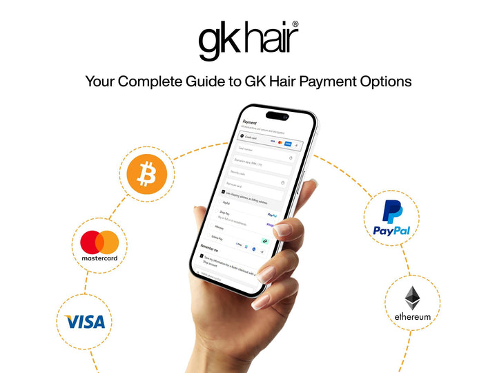 A hand holds a smartphone showing GK Hair payment options. Surrounding are icons for Bitcoin, PayPal, Mastercard, Visa, and Ethereum.