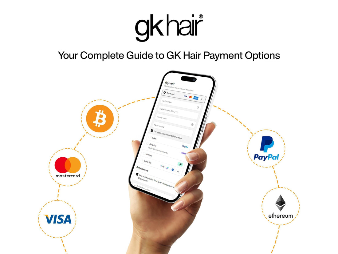 A hand holds a smartphone showing GK Hair payment options. Surrounding are icons for Bitcoin, PayPal, Mastercard, Visa, and Ethereum.