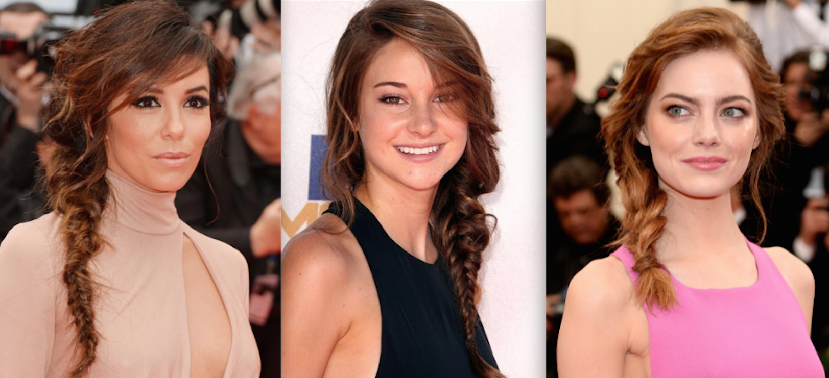 Collage of three side braid hairstyles worn by women at red carpet events