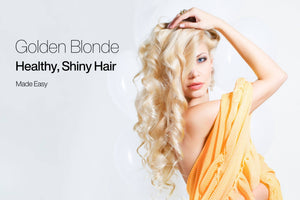 A person with golden blonde, wavy hair wearing a vibrant yellow top, set against a light background with subtle decorative elements.
