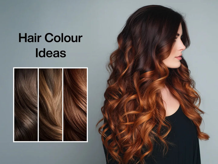 Long, wavy brown hair in rich, warm colors with a graphic showcasing different hair color ideas on the left.