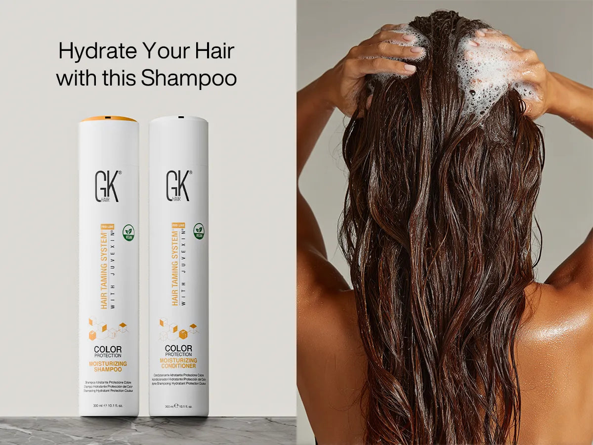 A person washing their hair with foamy shampoo, alongside two bottles of GK Hair Color Protection Shampoo and Conditioner.
