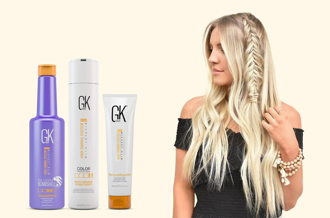A collection of GK hair products, including shampoo and conditioner, displayed beside a woman with long, styled blonde hair and a braid.