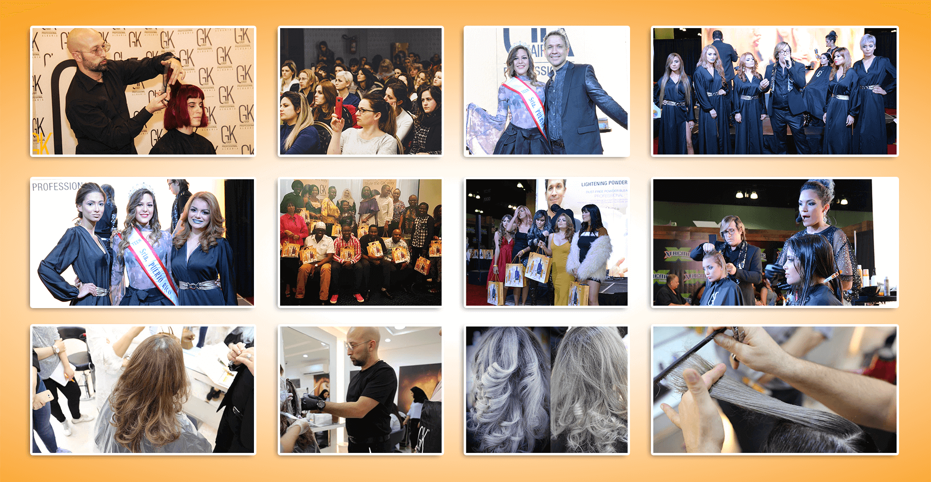 Newsletter collage of GK Hair booths and stylists at international beauty trade show events