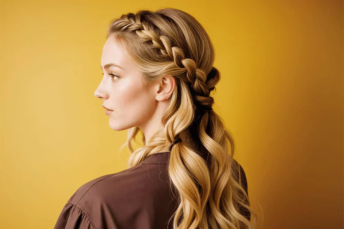 Woman with straight hair gathered into a loose braid before sleeping