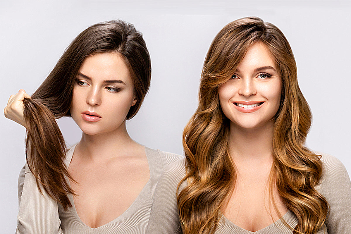 Woman with long smooth colored hair after a salon smoothing treatment