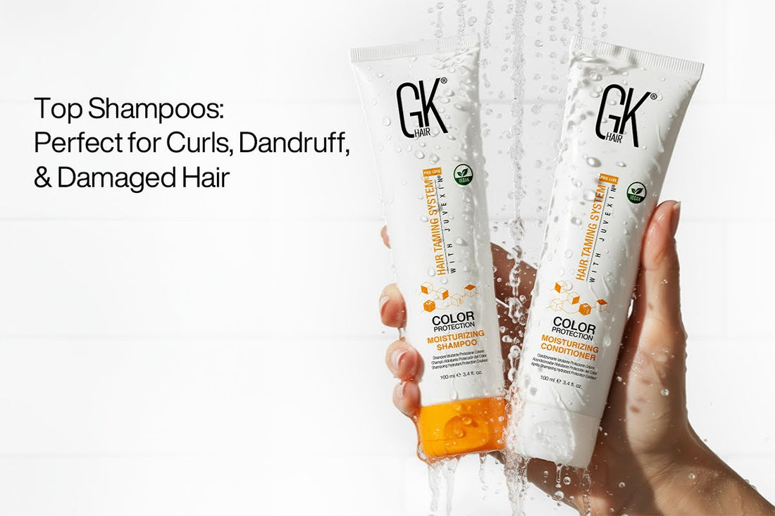 GK Hair Moisturizing Shampoo and Conditioner for Perfect for Curls, Dandruff and Damaged Hair, labeled for color protection and moisturizing, with water droplets in the background.