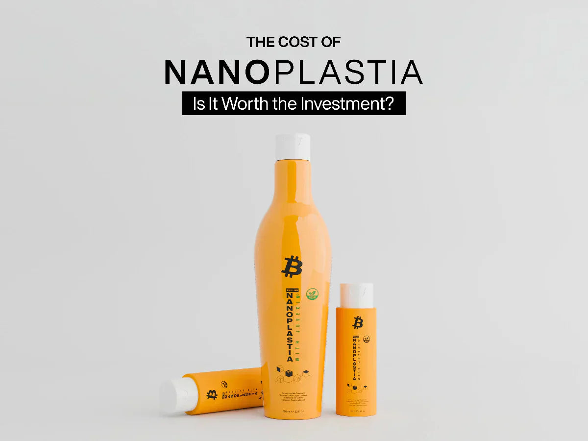 Salon stylist smoothing a client's hair during a nanoplastia straightening treatment