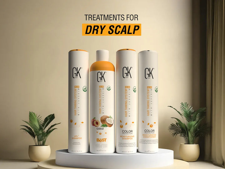 GK Hair Coco Keratin Treatment Kit for treating dry scalp, including shampoo and conditioner, displayed on a modern pedestal with greenery.